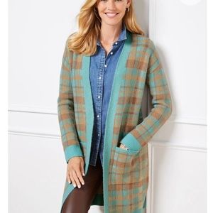 Beautiful Talbots sweater NWT aqua and brown plaid, very soft and warm.